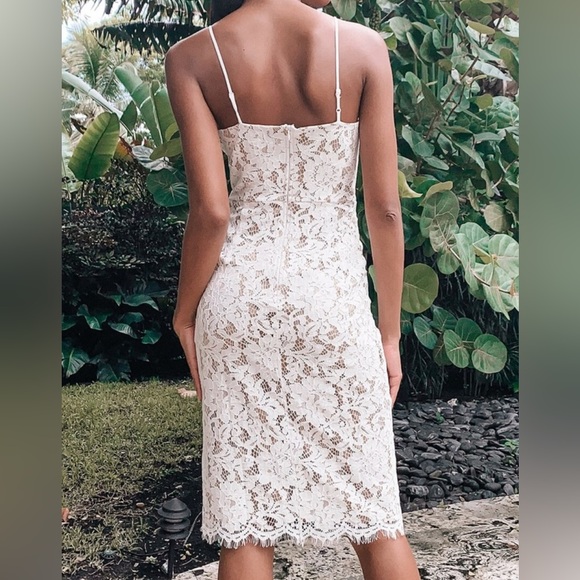 Lulus White Lace Midi Dress Small Spaghetti Strap Slit Fitted - Picture 4 of 14